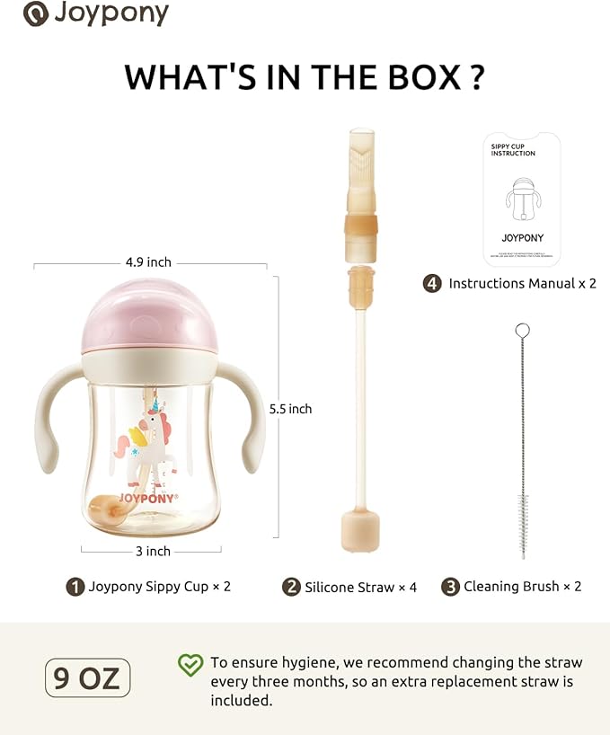 Sippy Cups for Toddlers 1-3, Spill Proof Weighted Straw Cup with Handle for Baby 6 Months + old, 2 Pack, Total 4 Silicone Straws, PPSU, BPA Free, 9 oz (Pink)