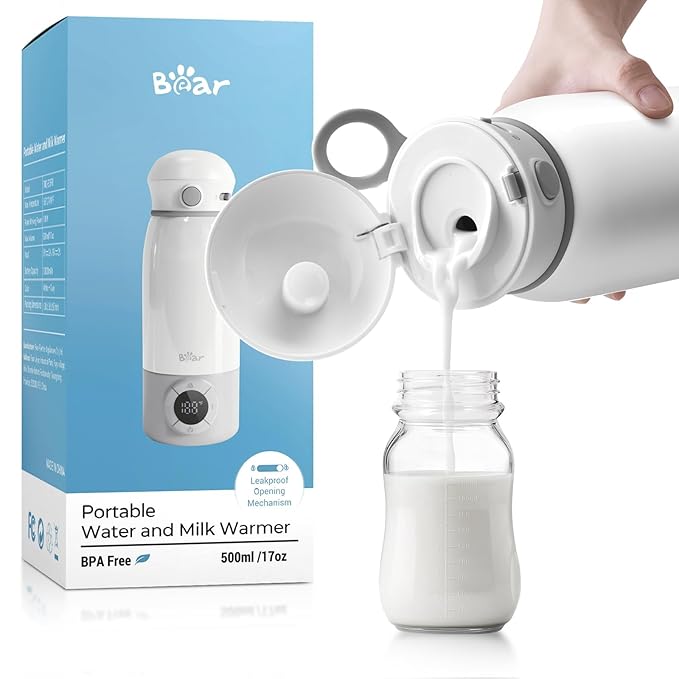 Bear Portable Bottle Warmer for Travel, Milk Warmer for Breastmilk Formula, 17oz Large Capacity Water Warmer with Precise Temp Control, Fast Heating&Long Battery for Travel Car Airplane