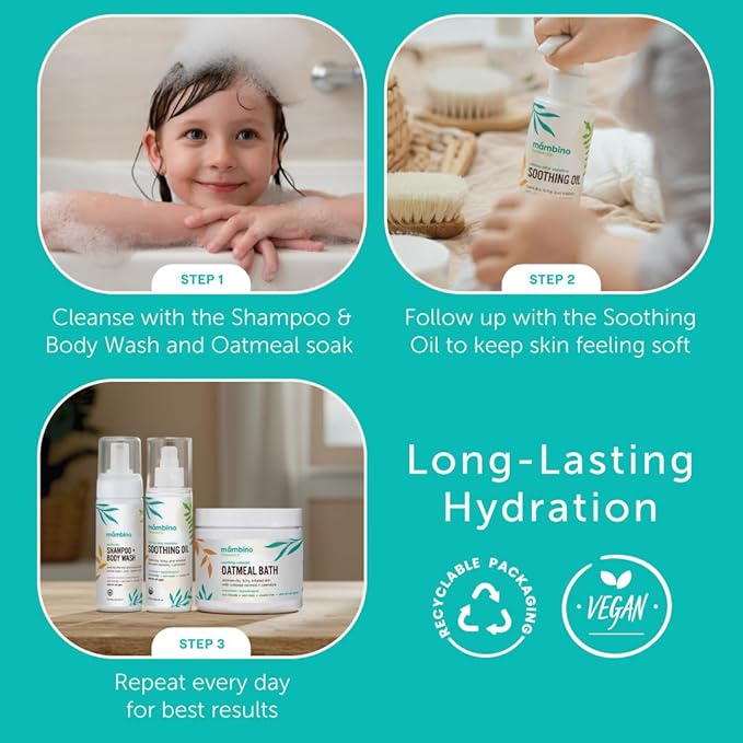 Mambino Organics Soothing Bath Set, Organic Oatmeal Bath Soak, Soothe Me Shampoo & Body Wash, and Calming Oil, Gentle for Sensitive Skin, Vegan, Baby Bath Essentials, 3-Pack, 5.5 oz Each