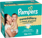 Pampers Swaddlers Diapers, Size 3 (13-26 lbs), 136 Count, Absorbent, Keeps Baby Dry and Comfortable, Skin Safe Disposable Baby Diaper (Packaging May Vary)