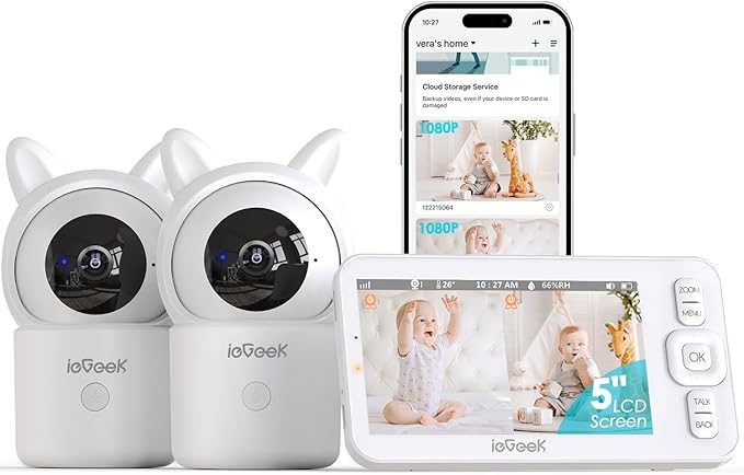 ieGeek Baby Monitor with 2 Cameras, 5" Screen & 1080P Cameras & Free Smart App Split Screen Dual Baby Monitor, Upgraded Night Vision/PTZ/2-Way Audio/Auto Tracking Detection Notification and Alert