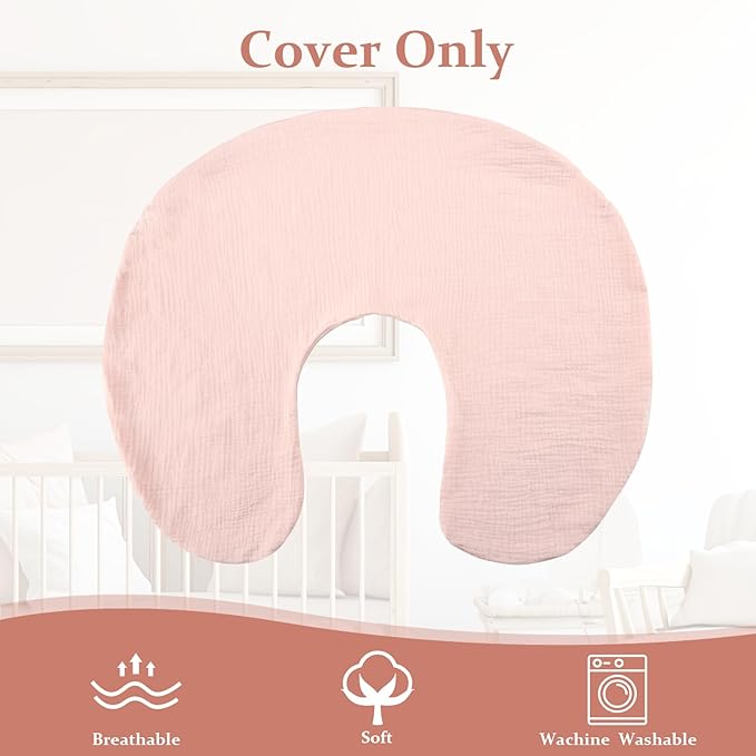 Baby Nursing Pillow Cover, Removeable Breastfeeding Pillow Slipcover, Muslin Nursing Pillow Case for Newborn Boys Girls, Soft Fabric Fits Snug On Infant, Washable & Breathable, Pink (Cover Only)