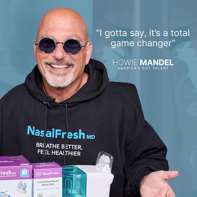 NASALFRESH MD Premium Bundle–Dual Powered Nasal Irrigation System Nasal Rinse and Wash, Sinus Decongestant Relief System, 60 Saline Packets, Case, Rechargeable, 2 Sets of Nose Pillows–Snoring Remedy