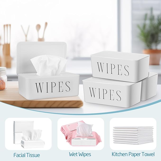 4 Pack Baby Wipes Dispenser Refillable Wipe Holder with Lid Toilet Wipes Container for Bathroom Tissue Paper Storage Box for Home Office (White)