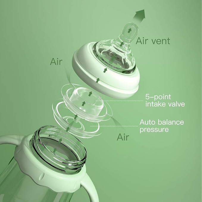 POTATO Glass Baby Bottles, Anti-Colic Breastfeeding Bottles with Medium Flow Nipple, Suitable for Babies 3-6 Months, 2 Replaceable Nipples, 6 oz, Green