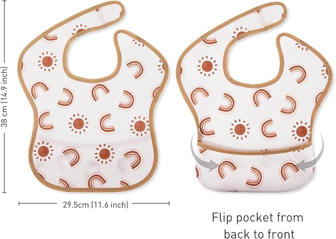 Mess Proof Baby Bib 3 Pack, Waterproof Led Weaning Baby Feeding Bibs with Food Catcher, Travel Feeding Bibs