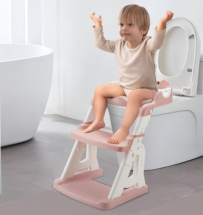 PandaEar Potty Training Seat with Step Stool Ladder, Toddler Toilet Seat for Kids Boys Girls, Comfortable Safe Potty Seat with Anti-Slip Pads Ladder & Bear Design -Pink