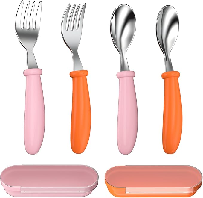 Toddler Utensils, Toddler Forks and Spoons, Baby Stainless Steel Silverware Set with Storage Box for Self Feeding Safe, Dishwasher Safe (2 Set with Case)
