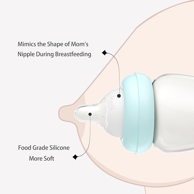 YOHKOH Natural Glass Baby Bottle with Natural Response Nipple, Newborn Anti-Colic Baby Bottles, Wide Neck Mushroom Cap Baby Bottle, Clear (8.8ounce (Pack of 4), Blue2)
