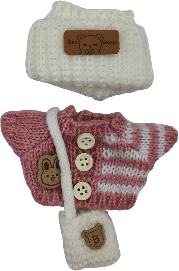 Handmade Crochet Doll Clothes - Compatible with 5.91-6.7inch (15-17cm) Dolls as Accessories , Adorably Stylish Set for Dolls, Cute Doll Outfit with Accessories ( Pink Sweater + White Hat +White Bag)