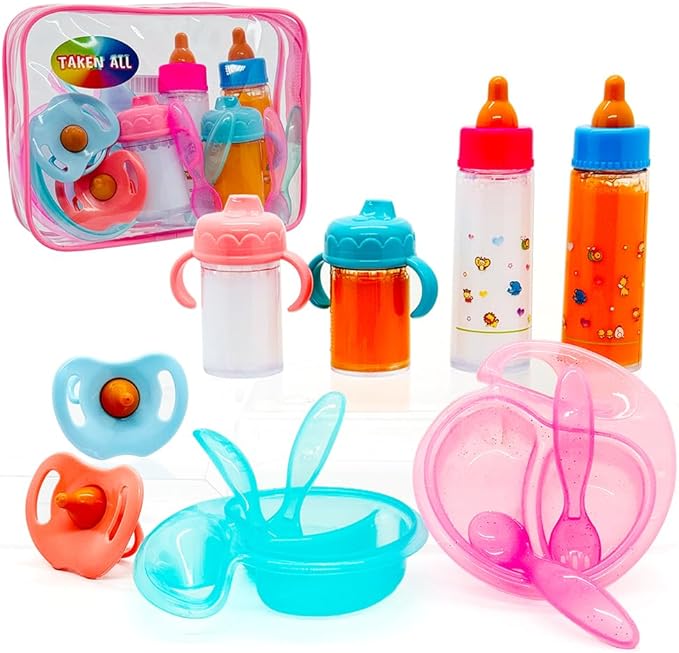 Baby Doll Accessories Magic Bottle set Magic Disappearing Milk Juice Bottles Sippy Cups with Pacifiers Bowl Spoons, Doll Bottle Toys Feeding Pretend Playset for Kids Girls Ages 3+ (Middle set(12pcs))