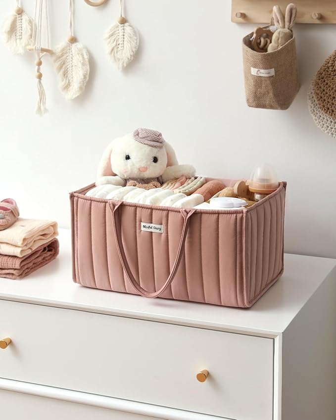 Blissful Diary Baby Diaper Caddy Organizer, Stylish Storage Basket for Newborn Essentials and Diaper Station, Gift for Baby Shower and Registry Must-Have, Blush Pink