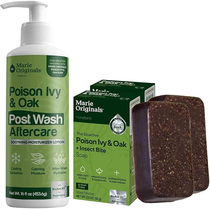 Marie Originals Poison Ivy Soap Bar (2 Pack, 2.9 oz Each) & Aftercare Lotion (16 fl oz) – Natural Cleanser & Soothing Moisturizer for Poison Ivy, Oak & Sumac Exposure