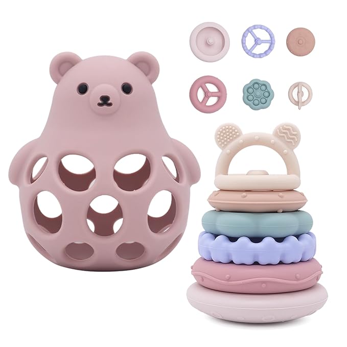 Baby Bear Teething & Stacking Toy Set - Teething Toys Silicone Teethers, Soft Baby Stacker Rings Teether, Learning Toy Gift for Boys and Girls 6+ Months (Pink)
