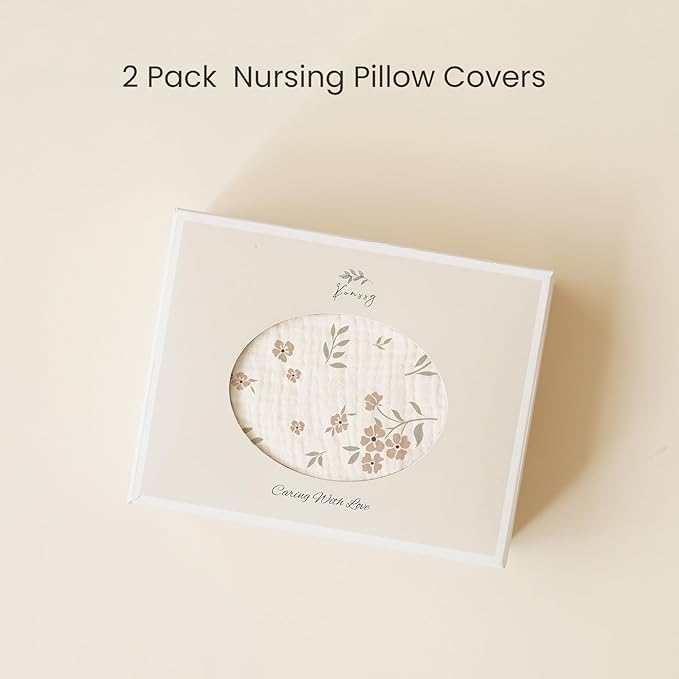 Konssy 2-Pack Muslin Nursing Pillow Covers, Soft & Adorable Nursing Covers for Breastfeeding Pillows, Slipcovers for Newborn Boys & Girls(Cream, Blossom)