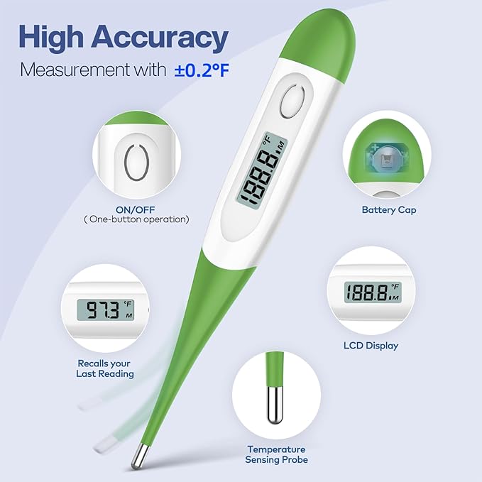 Boncare 10 Seconds Oral Thermometer for Adults and Kids - Accurate & Safe Rectal Thermometer for Baby with Fever Alarm, Digital Thermometer (Green)