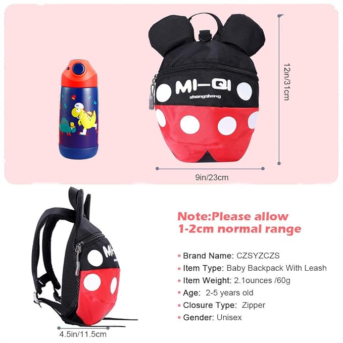 Baby Toddler Leash Baby Leash Backpack Little Kid Boys Girls Anti-Lost Travel Bag Harness Reins Cute Cartoon Backpacks with Safety Leash for Baby Backpack Leash for Toddlers 1-5 Years(Black red)