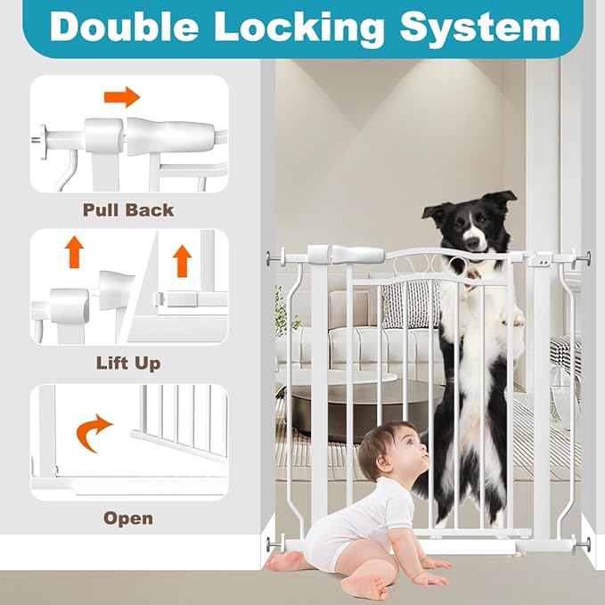 29.9-33.4 in Wide Baby Gate for Stairs Doorways, Auto Close Child Safety Gates Indoor for Dogs Pets, Pressure Mounted Metal Barrier Kids Toddler Door Walk Through, 30" Tall, White