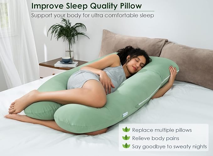 QUEEN ROSE Cooling Pregnancy Pillows, U Shaped Full Body Maternity Pillow for Pregnant Support, Rayon Derived from Bamboo, Buttery Soft, Super Breathable for Hot Sleeper, Green