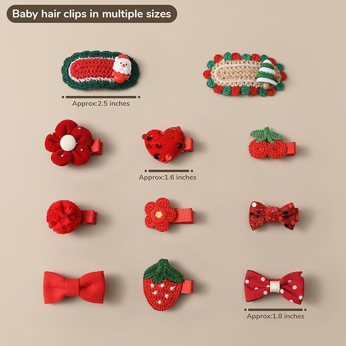Baby Girl Hair Clips 11 Pack Toddler Hair Bows Christmas Set 2 '' Infant Fully Covered Red Barrettes for Babies Fine Hair