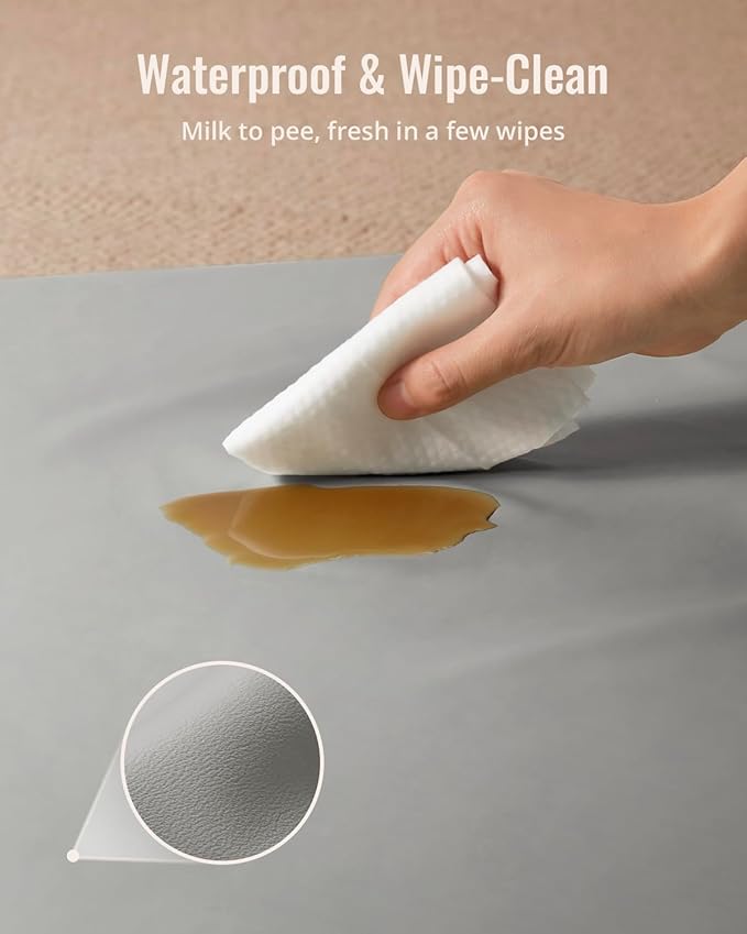 Blissful Diary Vegan Leather Baby Play Mat, 47x47 Thicken Foam Cushioned & Waterproof Playpen Mat for Infants and Toddlers, Stylish and Just Wipe-Clean Playmat for Baby Play on Floor, Light Gray