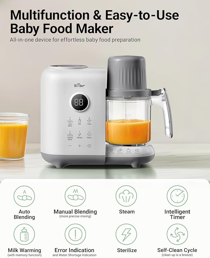 Bear Baby Food Maker with Two Layer Steam Baskets, Multifunction Baby Food Processor Steamer Puree Blender, Baby Food Mill with Bottle Warming Sterili-zing Auto Cleaning Function, BPA-Free, White