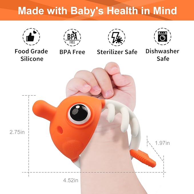 Teething Toys 3-6 Months, Mombella Clownfish Teethers for Babies 6-12 Months, Soft Silicone Baby Teether Toys with Anti Drop Clip, Baby Chew Toys 6 to 12 Months, Infant Teething Relief Toy, Orange