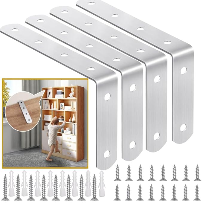 Furniture Anchors (4 Packs) Anti Tip Furniture Anchors for Baby Pet Proofing,Furniture Wall Anchor Furniture Dresser Bookshelf Falling Prevention Device for Children (Silver)