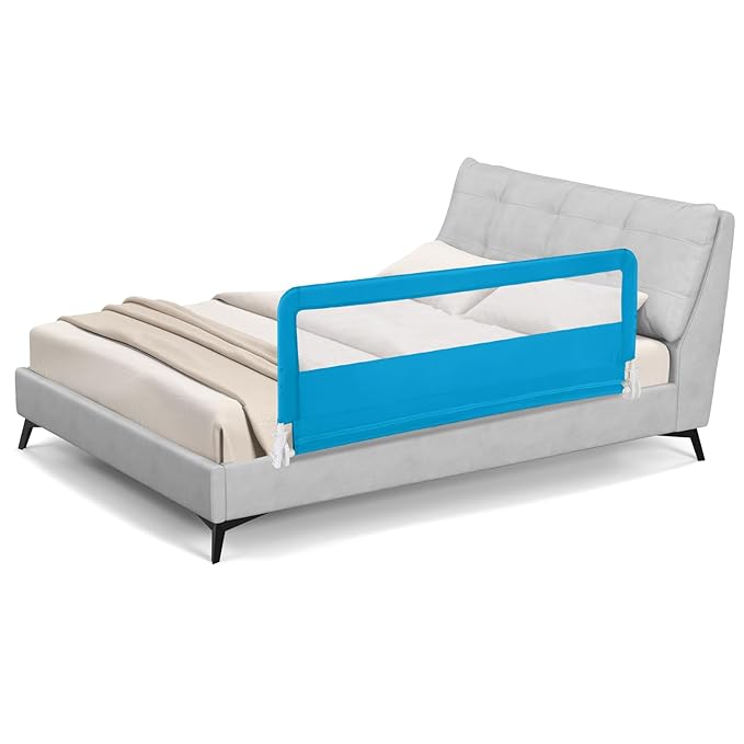 BABY JOY Bed Rails for Toddlers, 59'' Extra Long, Swing Down Bed Guard w/Safety Straps, Folding Baby Bedrail for Kids Twin, Double, Full Size Queen & King Mattress (Blue, 59-Inch)