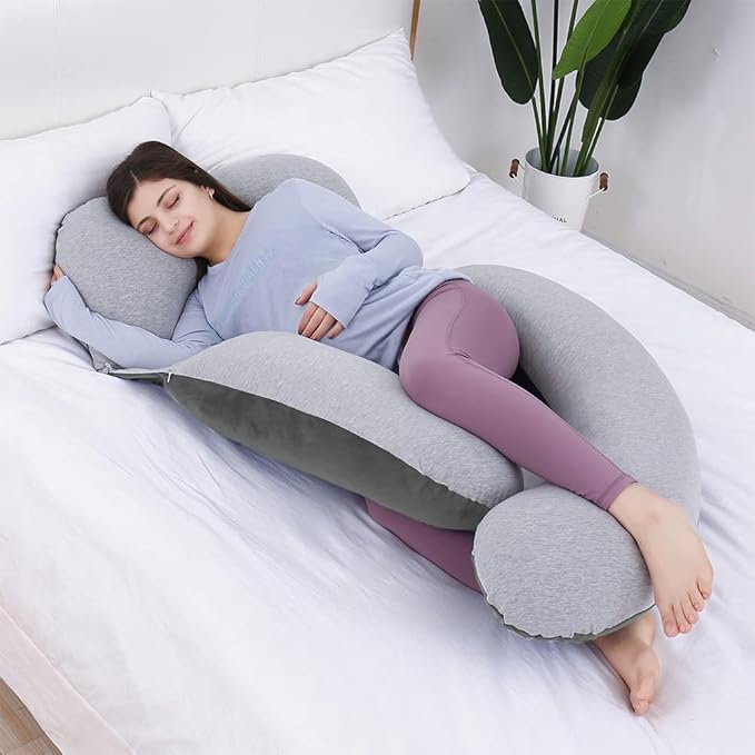 AS AWESLING 60in Full Body Pillow | Nursing, Maternity and Pregnancy Pillow | Extra Large U Shape Pillows with Detachable Side, Separate Support Pillow and Removable Cover (Velvet and Jersey Grey)