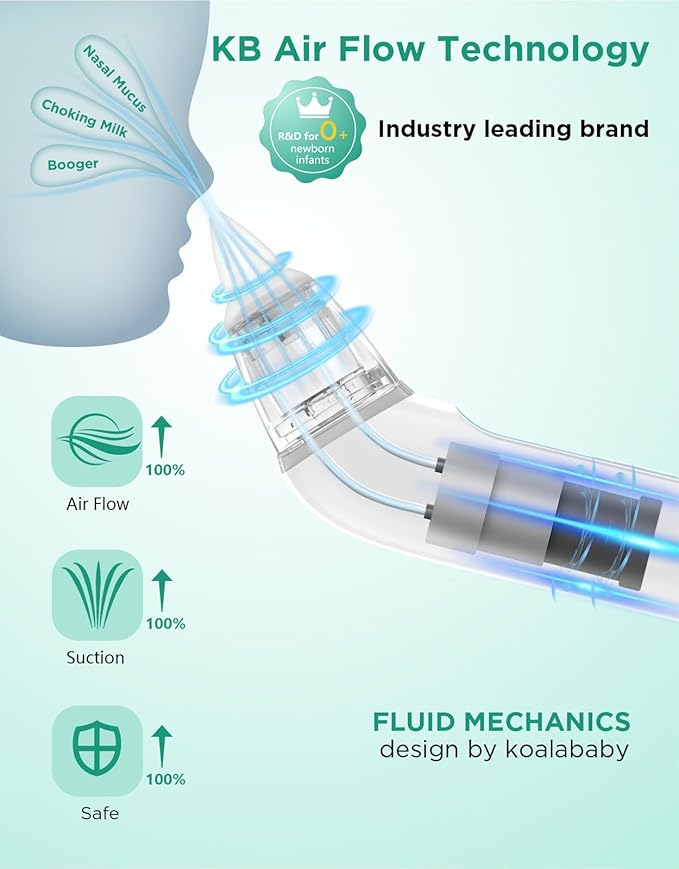 Koalababy Electric Nasal Aspirator for Baby, Large Flow, Baby Nose Sucker with 3 Suction Levels, Rechargeable Nose Cleaner for Toddlers, Music and Light Soothing, Soft Silicone Tips