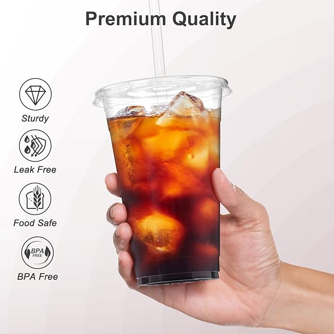 100 Pack - 20 oz Clear Plastic Cups with Lids and Straws, Sturdy & Food Safe Iced Coffee Cups with lids, Disposable Plastic Smoothie Cups for Cold Drinks
