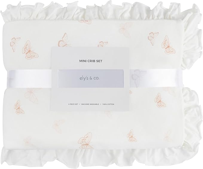 Ely's & Co. Crib Bedding Set for Girls, Toddler Bedding Set, 5 Piece Set - 2 Fitted Crib Sheets/Toddler Bed Sheets, Quilted Comforter and Decorative Pillow with Insert, Butterfly + Stripe Collection