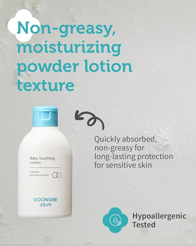 GOONGBE Baby Soothing Powder Lotion - Korean Baby Quick Buttocks Soothing Diaper Irritation Relief for Baby's Sensitive Skin - Dermatologically Tested - Non Flaky Powdery Lotion, 5.07 fl.oz.