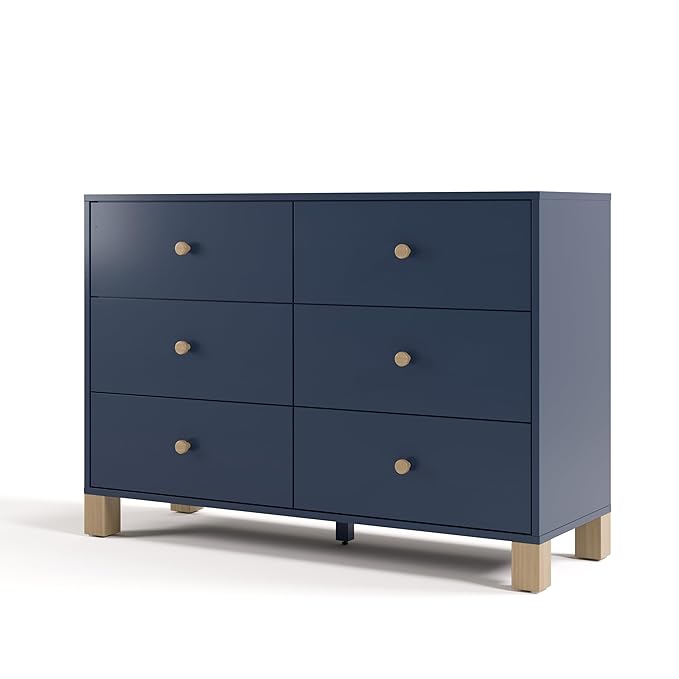 Storkcraft California 6 Drawer Double Dresser (Midnight Blue with Driftwood) – GREENGUARD Gold Certified, Spacious Storage Organizer for Kids’ Room, Safety Interlocking Drawer System
