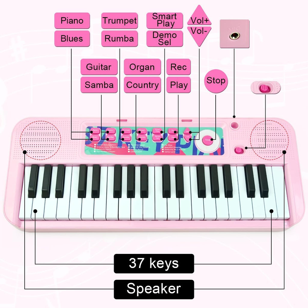 Kids Piano Keyboard Toy for Girls - 37 Keys Pink Toddler Piano with Microphone and Two Speakers, Electronics Musical Instrument,Christmas Birthday Gifts for Kids 3 4 5 6 7 8 Year Old Boys and Girls