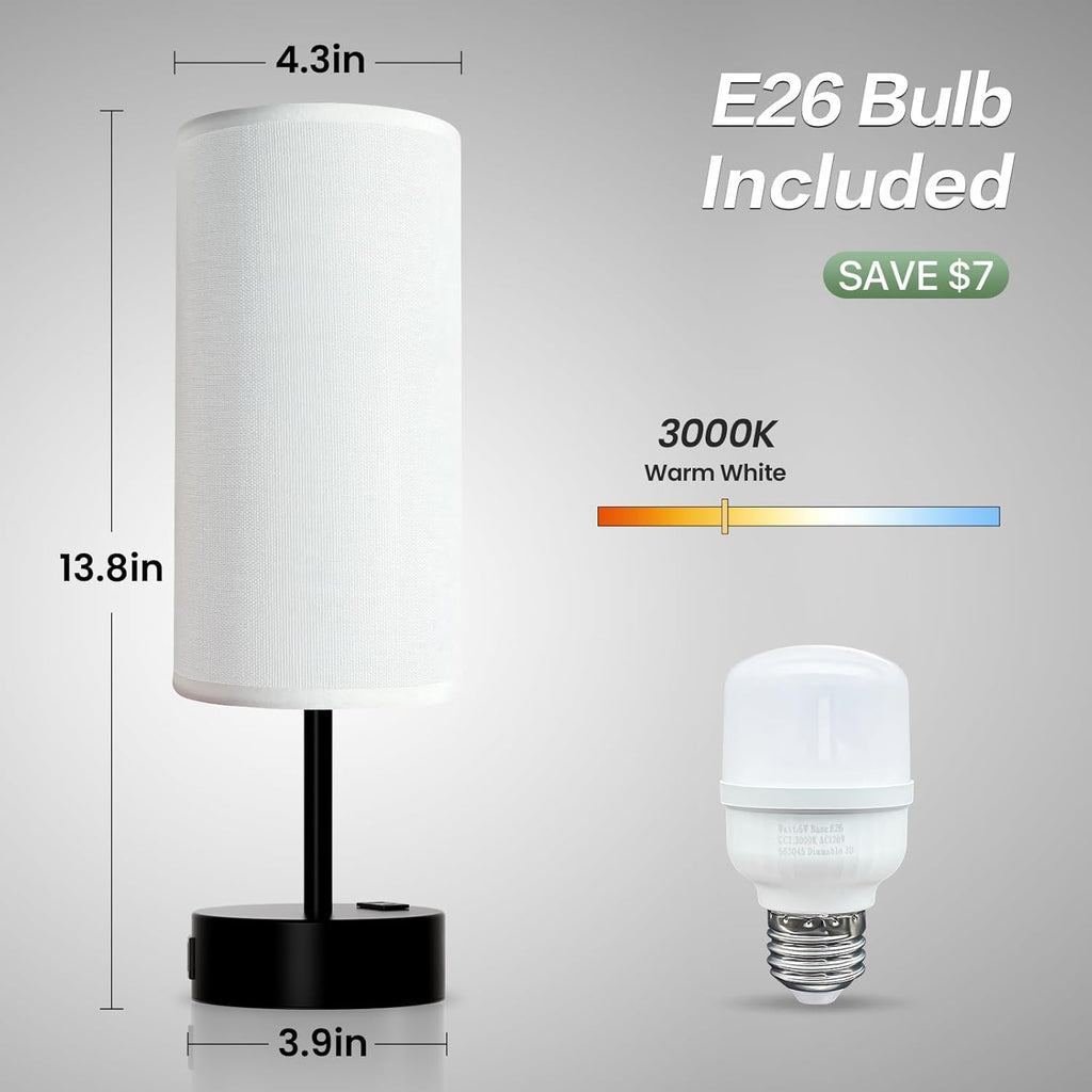 KPQ Small Bedside Lamp Touch Control Table Lamp with USB A+C Charging Ports & AC Outlet 3-Way Dimmable Nightstand Lamp with Linen Fabric Shade for Bedroom Living Room