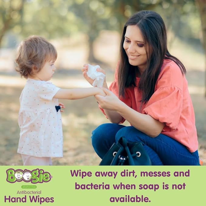 Antibacterial Hand Wipes by Boogie, Alcohol Free, Hypoallergenic and Moisturizing Aloe, Hand Wipes for Kids and Adults, Single Packs, 30 Wipes (Pack of 3)