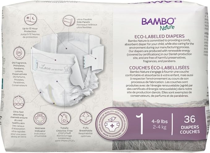 Bambo Nature Hypoallergenic Baby Diapers, Eco-Labelled Sustainable Diapers, Enhanced Leakage Protection, Totally Chlorine-free, Skin Friendly, and Super Absorbent - Size 1 (216 Count)
