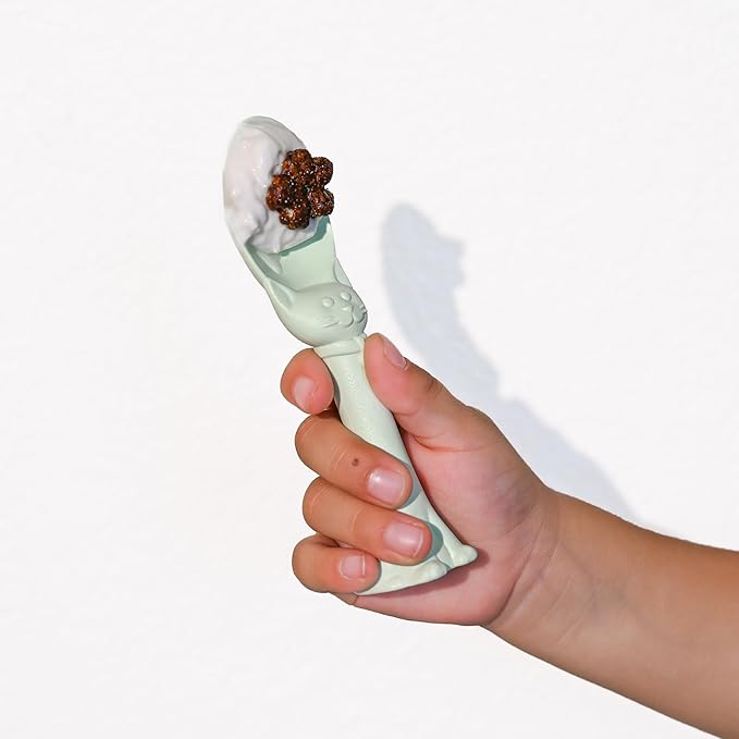 Made in USA Spoon la la Toddler Utensils Set - 2 Pack (1 Spoon & 1 Fork for Kids) - Self-Standing 3D Ergonomic Cat & Dog Handles - BPA-free, Dishwasher Safe, Baby Silverware (Mint Green)