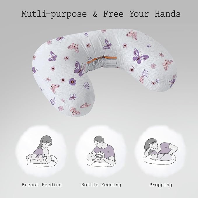 Little Grape Land Nursing Pillow, Soft 100% Cotton Breastfeeding Pillow with Breathable Muslin Removable Cover, Purple Butterfly Breast Feeding Pillows for Babies 0-12 Months with Protective Zipper