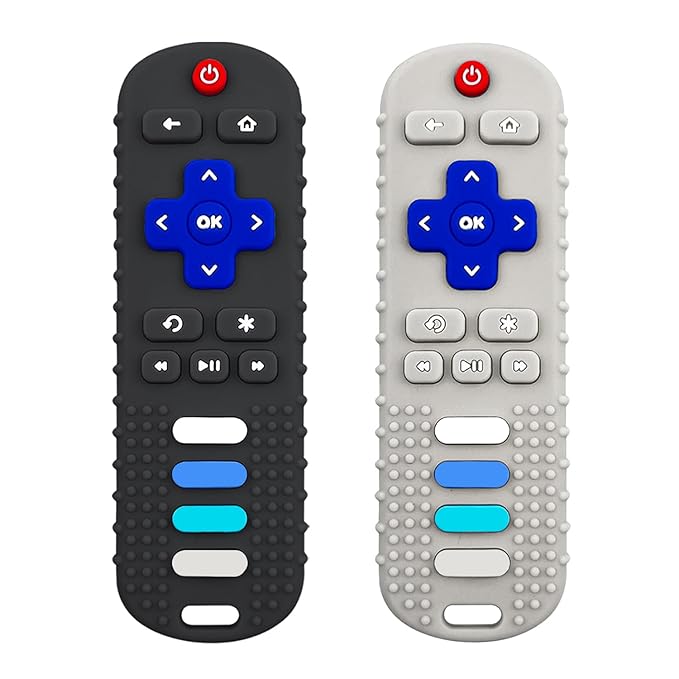 Baby Teething Toys, Food Grade Silicone Teether for Babies 3 6 12 18 Months, TV Remote Shape Toddlers Chew Toys, Freezer BPA Free (Black+Beige)