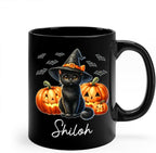 Personalized Black Cat Witch Ceramic Cups Gift for Halloween, Custom Name Black Cat with Pumpkins Coffee Mugs, Spooky Witch Pumpkins Cup, Pet Halloween Mug 11oz 15oz, Pet Enthusiasts Gifts
