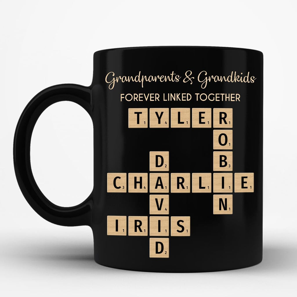 Family Forever Linked Together Custom Names Ceramic Mug, Crossword Puzzle Art, for Birthday, Anniversary or Special Occasions (Grandparents & Grandkids Forever Linked Together Black Mug)