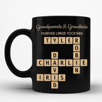 Family Forever Linked Together Custom Names Ceramic Mug, Crossword Puzzle Art, for Birthday, Anniversary or Special Occasions (Grandparents & Grandkids Forever Linked Together Black Mug)