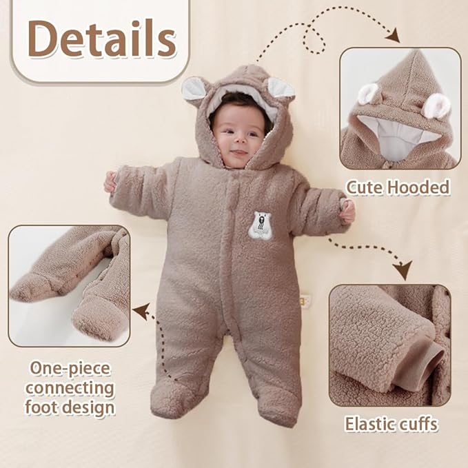 XIFAMNIY Newborn Fleece Footie Jumpsuit Hooded Warm Thicken Winter Outwear Snowsuit for Baby Girls and Boys