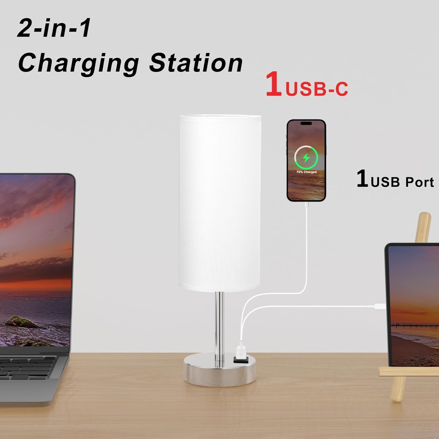 Bedside Table Lamps for Bedroom Set of 2 - Touch Lamp for Nightstand with USB-A+C Charging Ports - 3 Way Dimmable Small Desk Lamp White for Office, Dorm Room, Living Room, Reading, Nursery