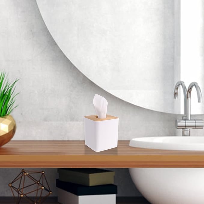 MOCHTERO Tissue Box Cover,Tissue Holders,Tissue Box Holder for Bathrooms,Bamboo Cover Plate,Home and Office,5 * 5 * 5.4in (White)