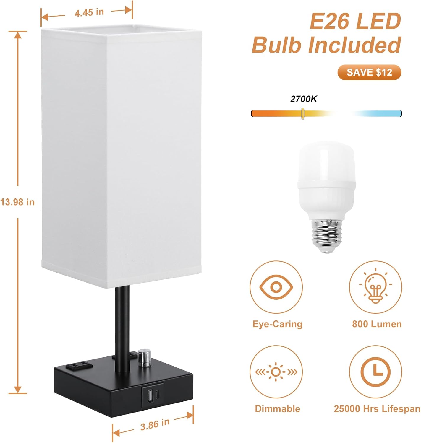 White Fully Dimmable Nightstand Lamps Set of 2 - Table Bedside Lamp with USB C+A Charging Ports & 2 AC Outlets, Square Lamp Sets Linen Fabric Shade for Bedroom Living Room(Bulb Included)