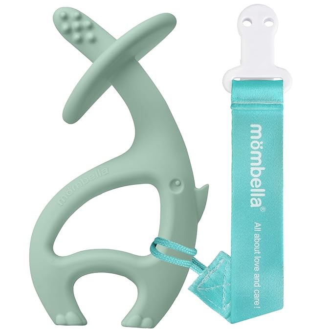 Teething Toys 3 Months Up with Clip Strap, Mombella Elephant Teethers for Babies3 Months+, Soft Silicone Infant Chew Toy, Baby Teething Relief, Ideal Newborn Gifts, Green